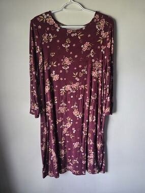 Time and Tru Burgundy Floral Long Sleeve Swing Dress